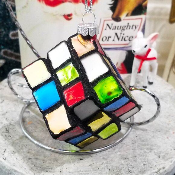 Blown Glass Rubik's Cube Christmas Ornament Puzzle Game - Picture 2 of 5